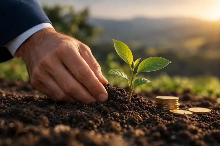Mano plantando un brote junto a unas monedas al atardecer