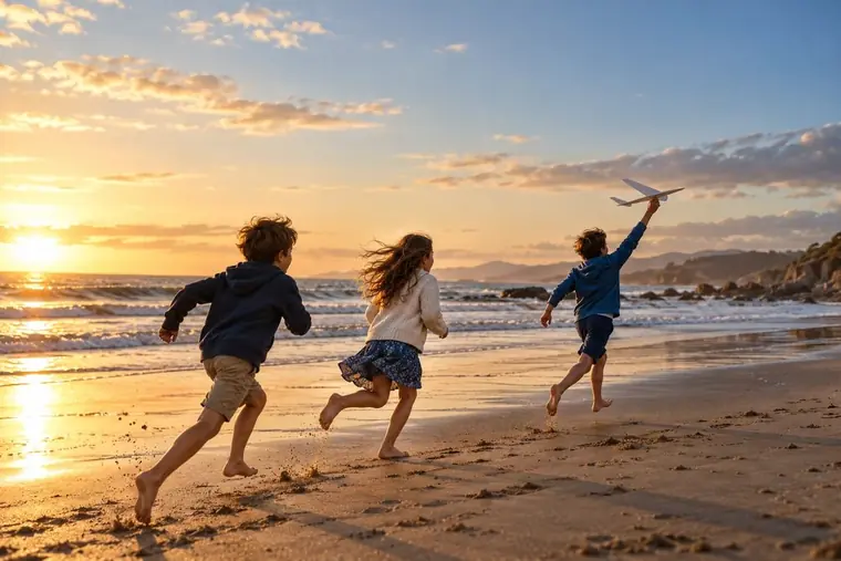 Niños corriendo felices por la playa al atardecer